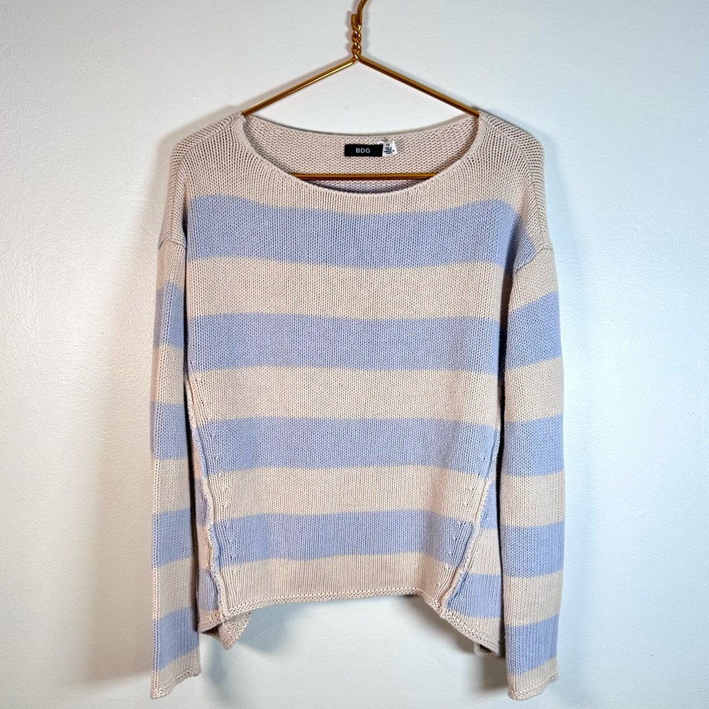 UO BDG Striped Oversized Sweater Open Knit XS Blue Cream 100% Cotton
